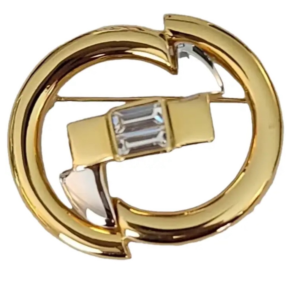Vintage Courreges Paris Brooch Designer Gold Silver Tone Oval Rhinestone Runway
